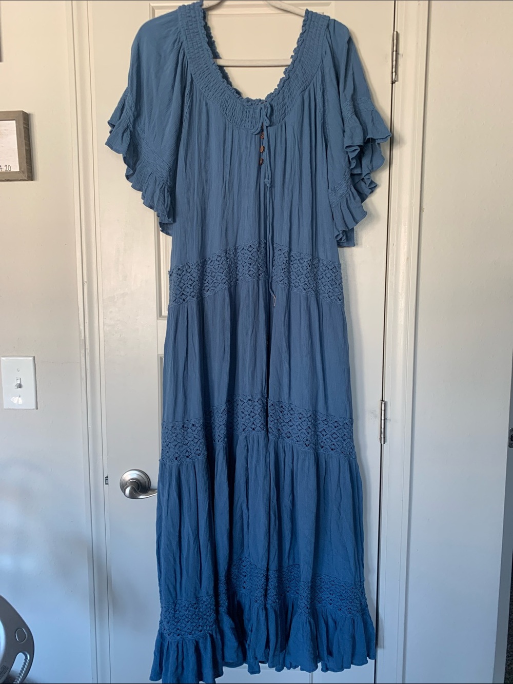 Free People Blue Tiered Maxi Dress with Crochet Panels S